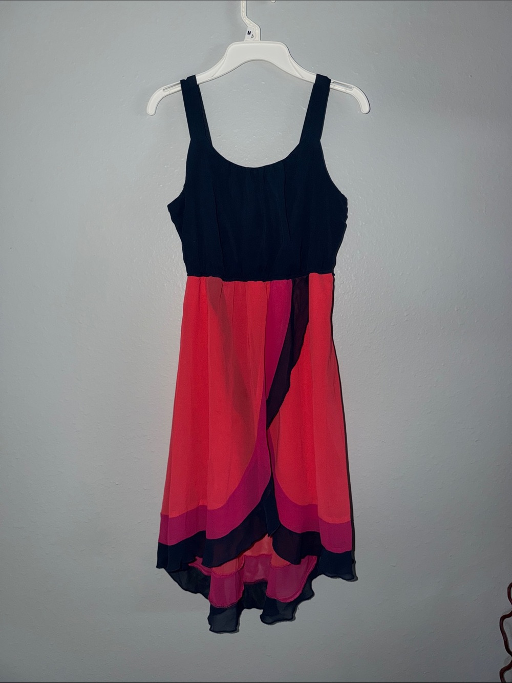 paper doll Black Bodice with Red and Pink Colorblock High-Low Dress